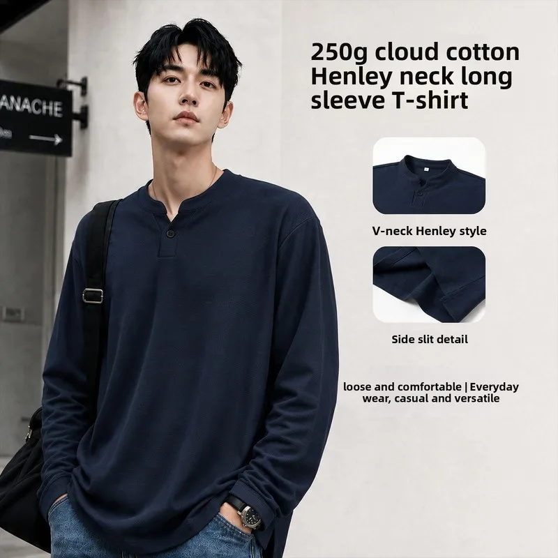 QICHE 2026 Autumn Henley Long Sleeve T Shirt Men Loose Waffle Texture V Neck Undershirt