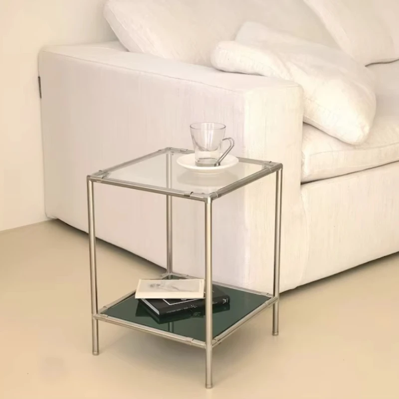 Modern tempered glass bedside table side end ultra-thin metal frame sofa table with storage shelves