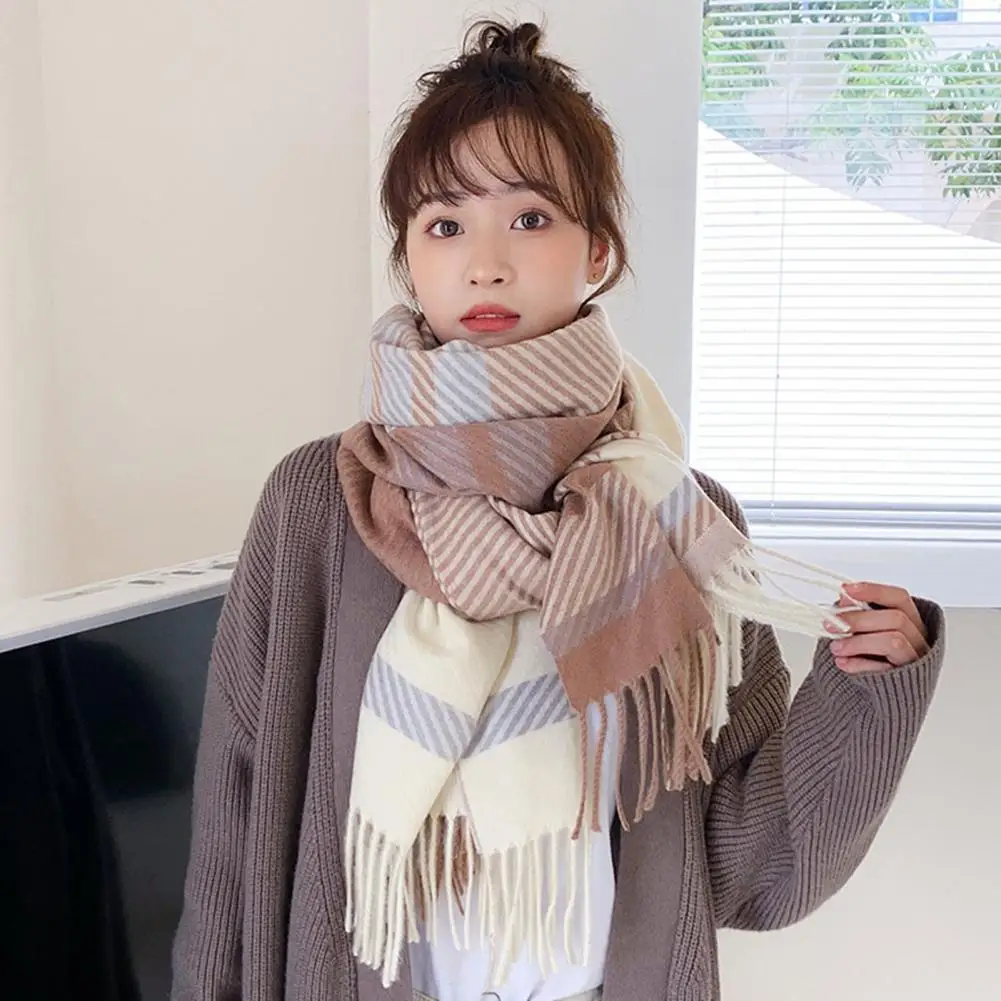 

Women Winter Scarf Striped Color Matching Tassel Scarf Washable Soft Wide Long Thick Warm Windroof Lady Neck Warp Scarf