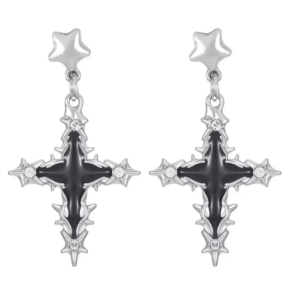 Niche Punk Five Pointed Star Cross Earrings High End Temperament Sweet Cool Dazzling Women Fashion Jewelry