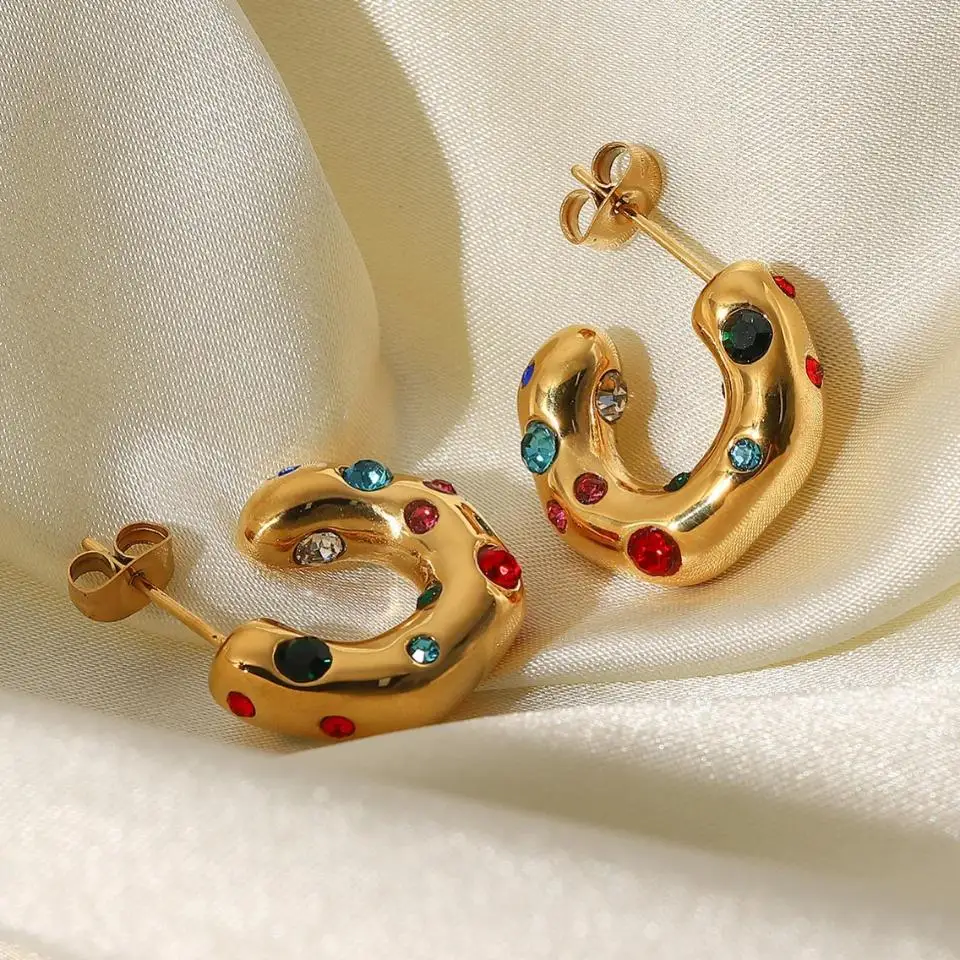 UILZ Shaped Hammer Shiny Zircon CC Shape Hoop Earrings For Women 18K Gold Plated Stainless Steel Circle Earrings Jewelry image 5