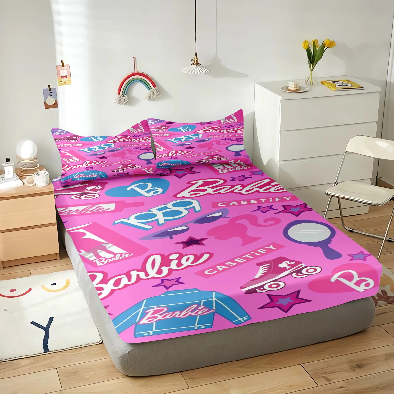 Copriletto con angoli per cartoni animati Barbie Fairy Princess, biancheria da letto con stampa digitale carina, copertura elastica del lenzuolo,