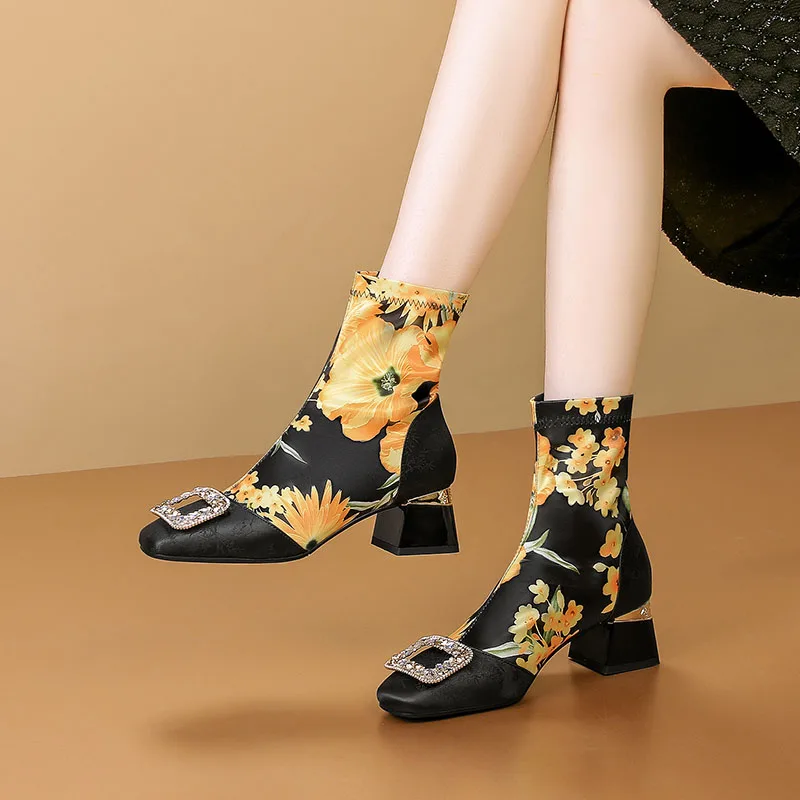 Phoentin flower print slim boots stretchable 2025 new fashion designer slip on ladies party shoes crystal medium heel FT4019