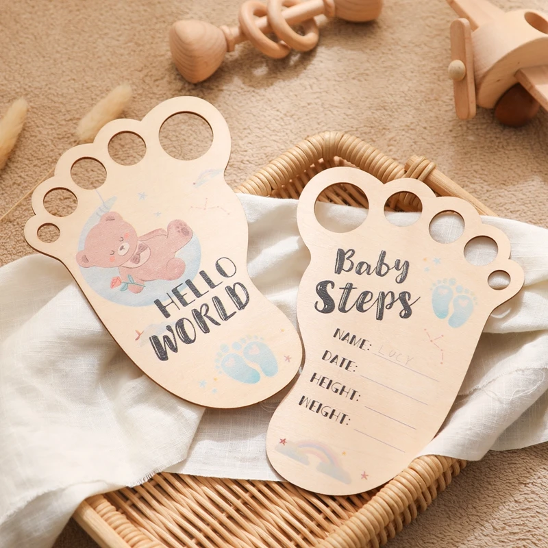 

Wooden Baby Month Milestone Card Footprint Shape Record Card Newborn Birthday Gifts Souvenir Baby Photo Photography Accessories