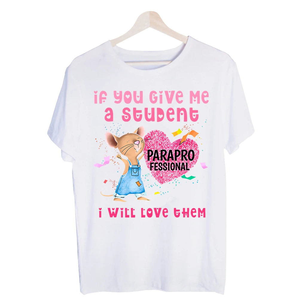 Paraprofessional's Cute Mouse and Heart Slogan Print Graphic Tee, Short Sleeve Crew Neck T-Shirt for School and Daily Wear