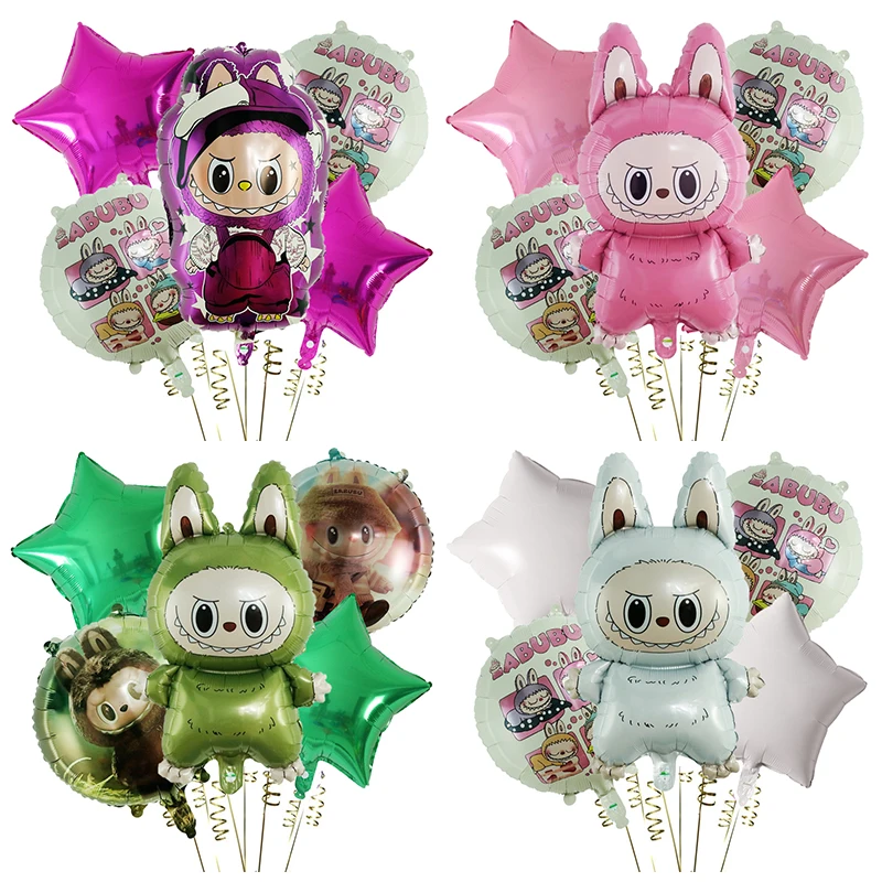 5Pcs/Set Cute Cartoon Bubble Mart Theme Foil Balloon Set Labubu Children First Birthday Party Decorations Baby Shower Air Globos