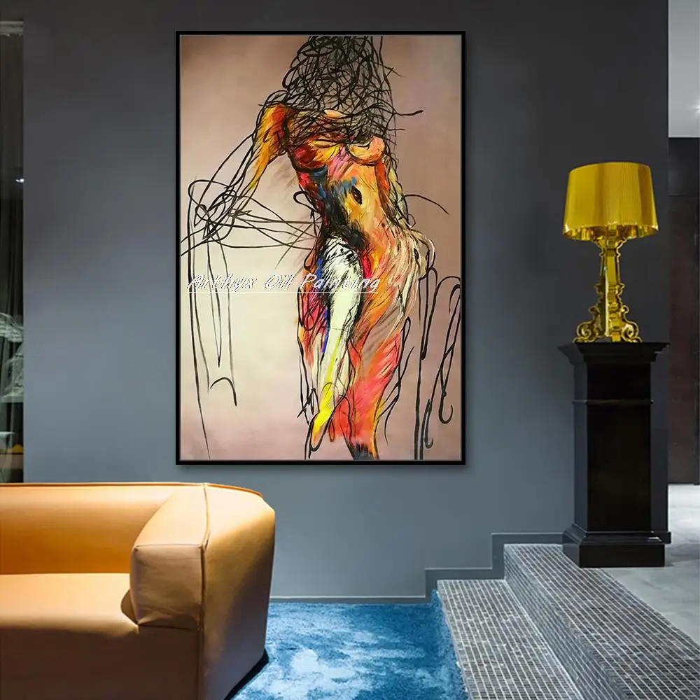 Arthyx Large Handpainted Abstract Naked Woman Oil Paintings On Canvas,Modern Figure Wall Art,Pictures Room Decoration,Home Decor