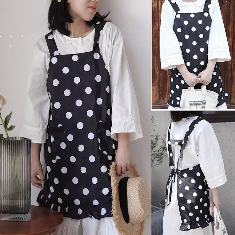 

Korean Polka-dot Kitchen Waterproof Dress Apron for Women Girl Anti-hair Work Clothes for Nail Pet Store Cooking Baking Pinafore