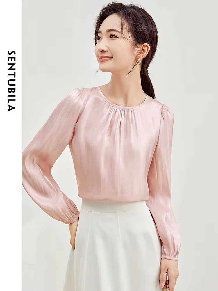 SENTUBILA Crinkled Sheen Pink Blouses for Women 2024 Spring New Fashion Womans Clothing Long Sleeve Chiffon Tops Shirts & Blouse