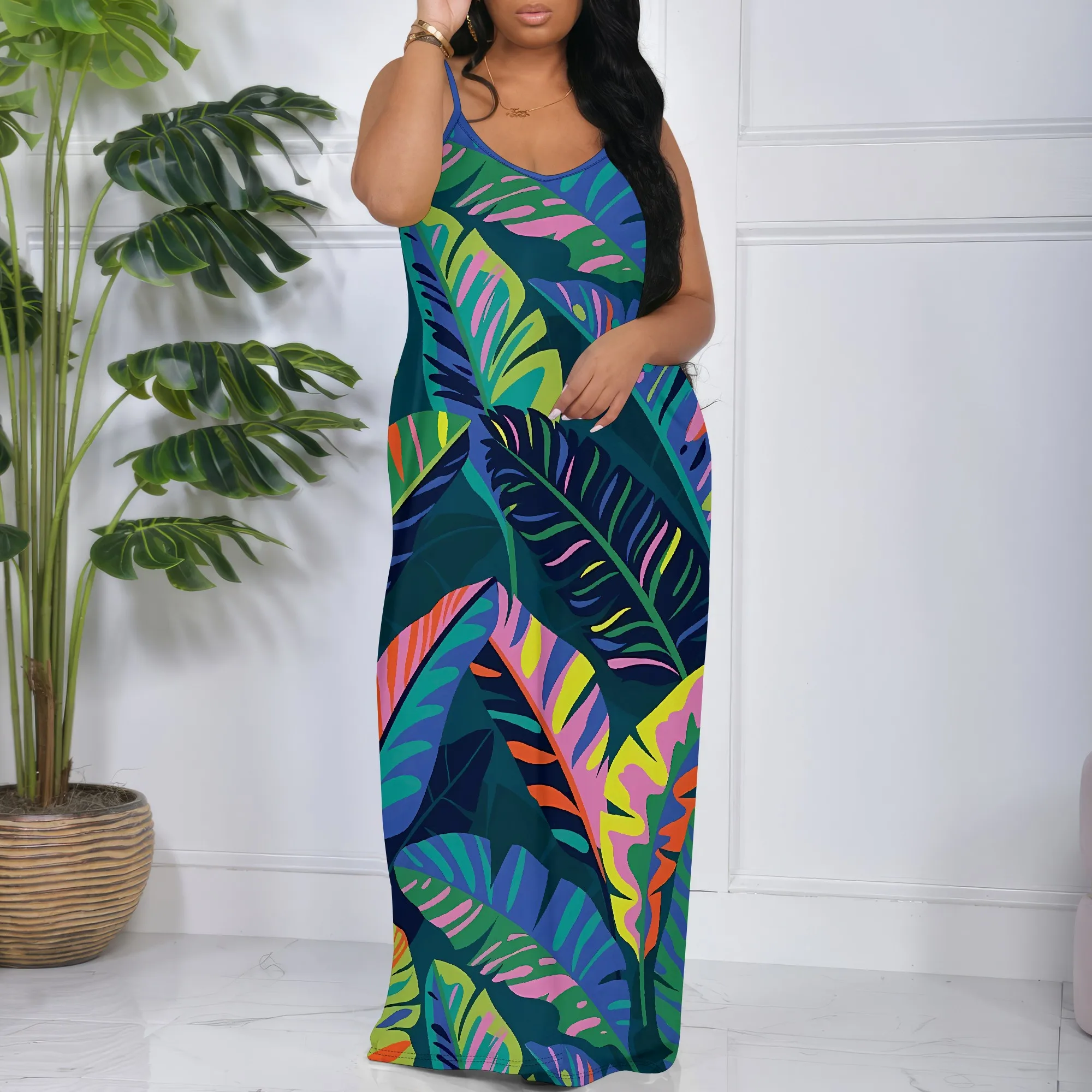 

Nupusa Tropical Leaf Print Sleeveless Maxi Dress Vacation Beach Long Dress for Women