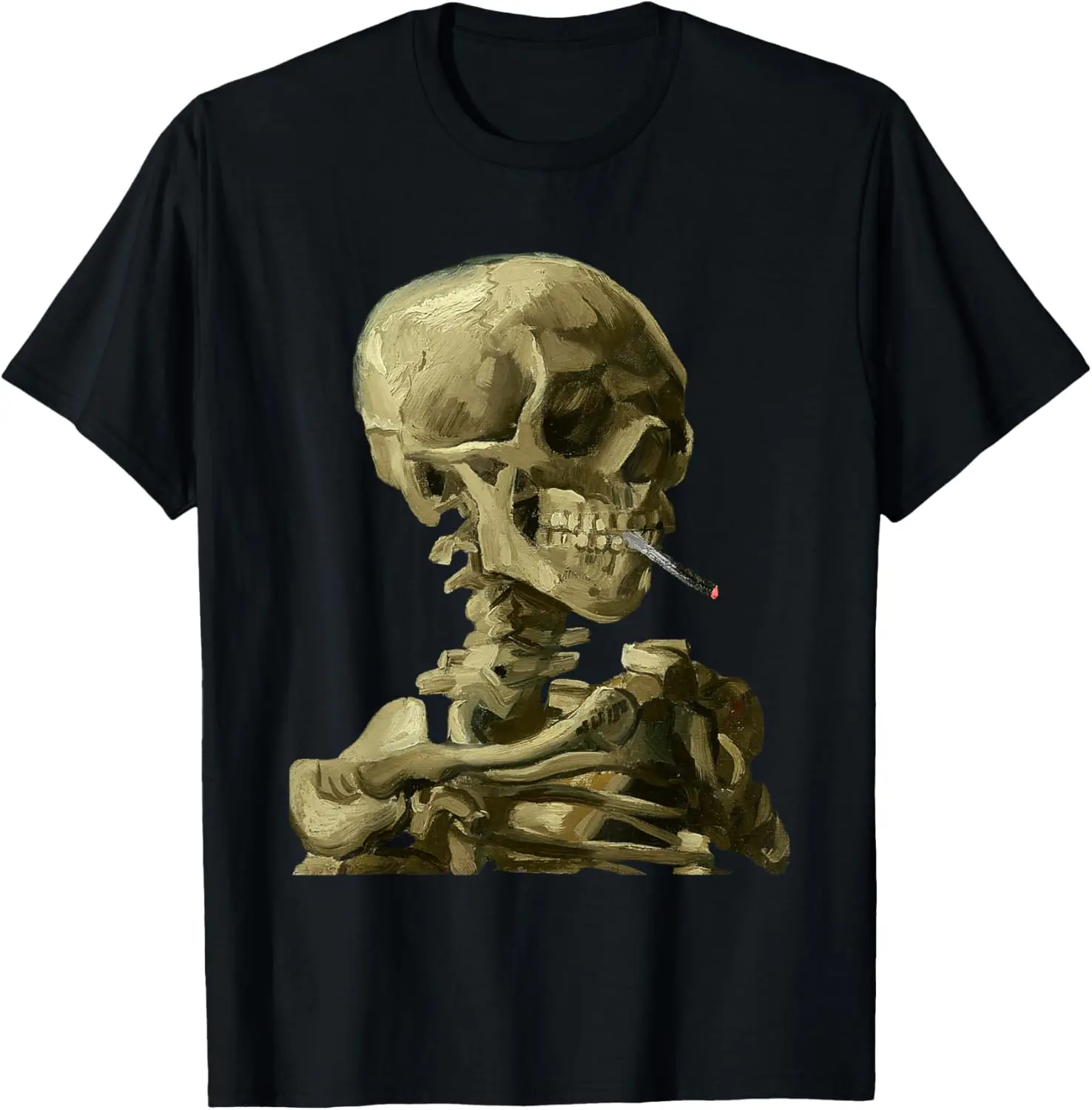 Vincent Van Gogh Skull With Cigarette Skeleton T-Shirt 100% Cotton Trendy Y2K Short-Sleeve Tee – Soft, Quick-Drying, &