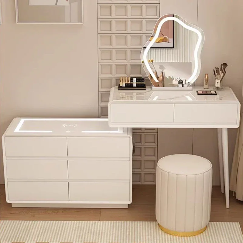 Luxury White Vanity Tables Minimalist Chair Led Mirror Nordic Makeup Table Nightstands Tocador Mueble Bedroom Furniture