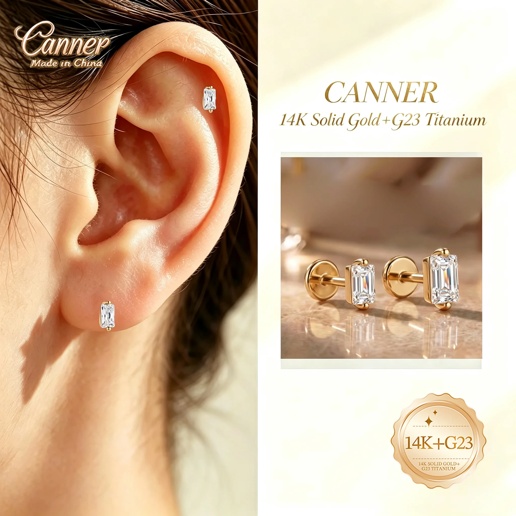 CANNER 14K Solid Gold Flat Helix Piercing Earring Horse Eye studs For Women Threaded Puncture Ear Bone Ins Fine Jewelry Gift
