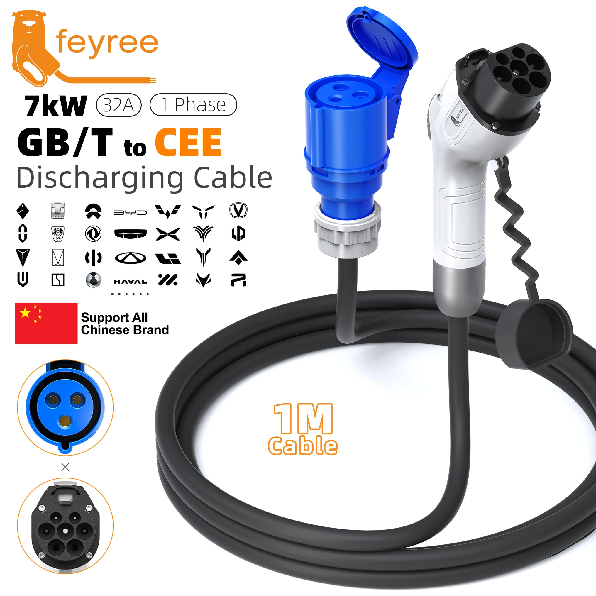 Feyree V2L Cable Discharge Plug EV Charger GBT Cord 32A Charging Cable 1M /3M with CEE Socket Outdoor Power Station Electric Car