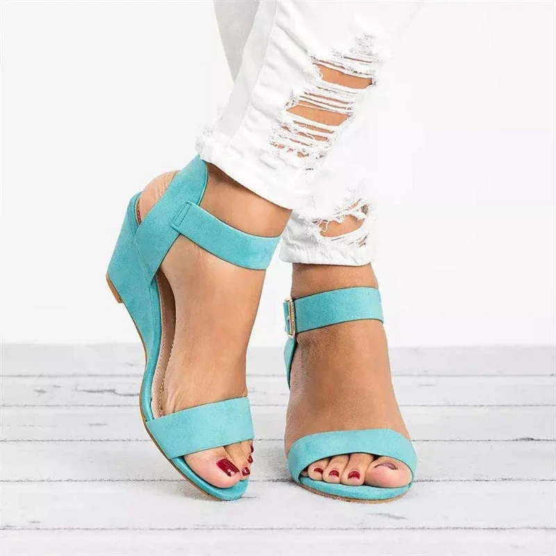 2024 New Summer Women\'s Sandals Fashion Buckle Shoes Open Toe Wedge Casual Shoes Women Plus Size 43 Candy Color Sandals Women