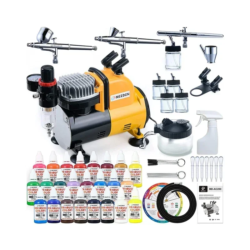 

Airbrush Kit with Compressor, 3 Dual-Action Airbrush Guns with 24 Airbrush Paints(30 ml/1 oz), Cleaning Kits