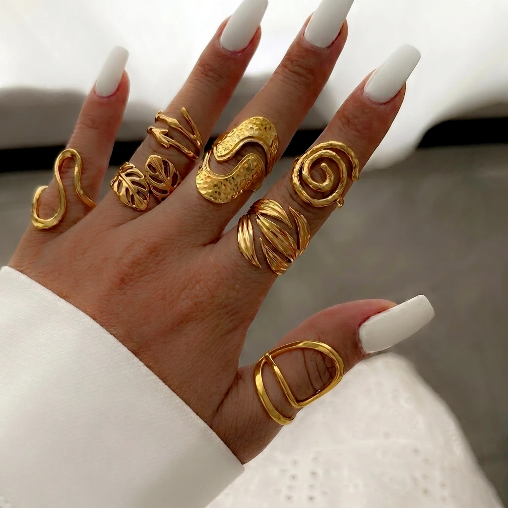 Gold Plated Stainless Steel Open Ring For Women Hammered Vortex Leaves Petal Irregular Geometric Stackable Rings Party Jewelry