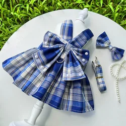 Pet Harness Leash Set Cute Plaid Dog Dress Cat Dog Holiday Party Costume Summer Girl Pet Clothes Bowknot Puppy Princess Dresses
