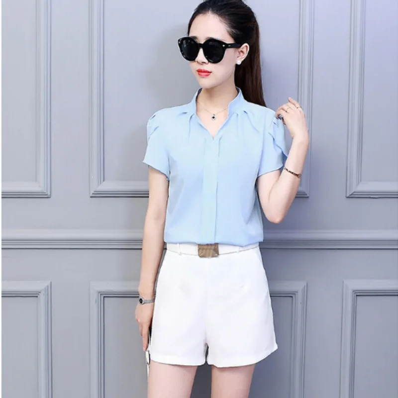 Women Casual Chiffon Shirt Summer Short Sleeve Elegant Blouse Ladies Formal Office Chiffon Tops Solid Color Loose Tops