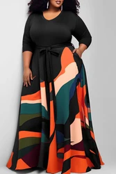 Vestido casual plus size vermelho com estampa completa em torno do pescoço vestido maxi de malha com bolso