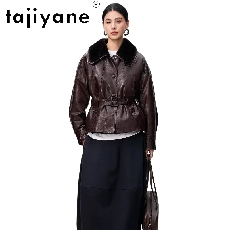 เสื้อโค้ทขนห่านแท้ TAJIYANE พร้อมเข็มขัด แจ็คเก็ตหนังแท้สำหรับผู้หญิง แจ็คเก็ตขนสั้นคอปกขนสัตว์ เสื้อพัฟเฟอร์ 2025 เสื้อผ้าผู้หญิง 롱โค้ท