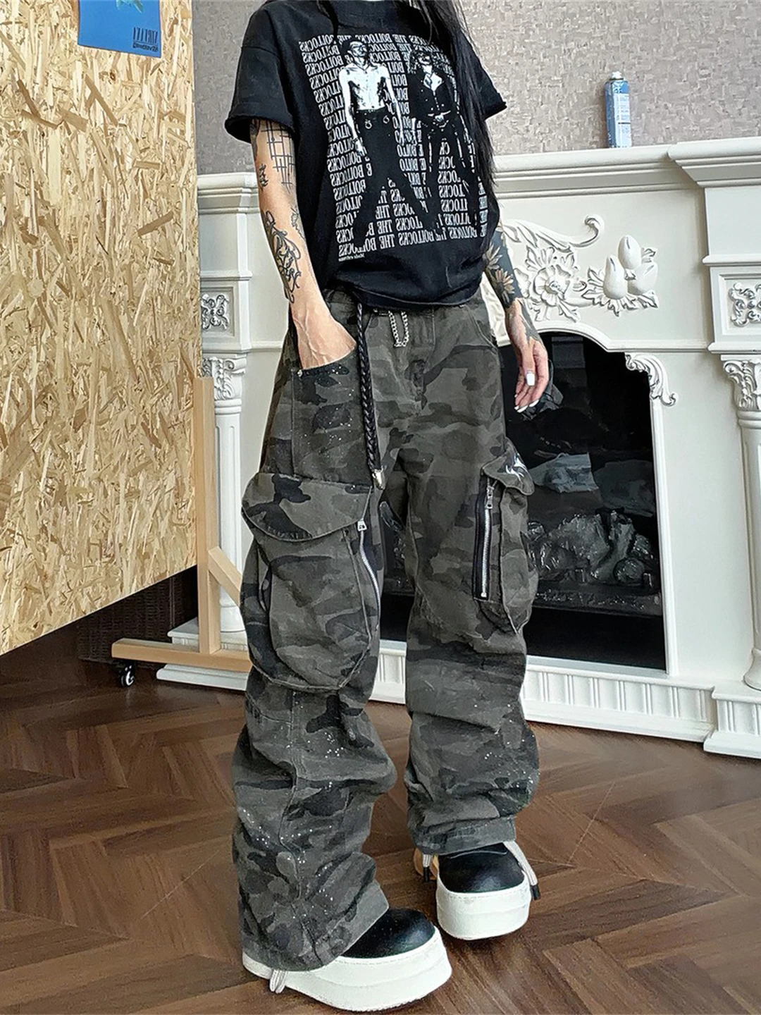 Retro Camouflage Washed Men's Jeans Workwear Loose Straight Leg Trousers Spring Autumn American High Street Style