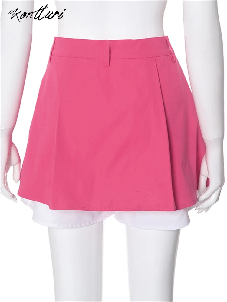 Kontturi Summer Casual Patchwork Skirts For Woman 2024 Fashion High Waist Skirts Pink Pleated Mini Skirt Female