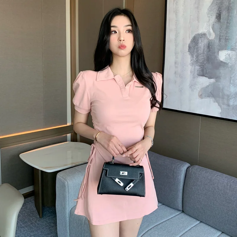 Skinny Drawstring Half Open Collar T-shirt Dress Women Slim Puff Sleeve A-line Solid Color Above Knee Dress Hotsweet Female