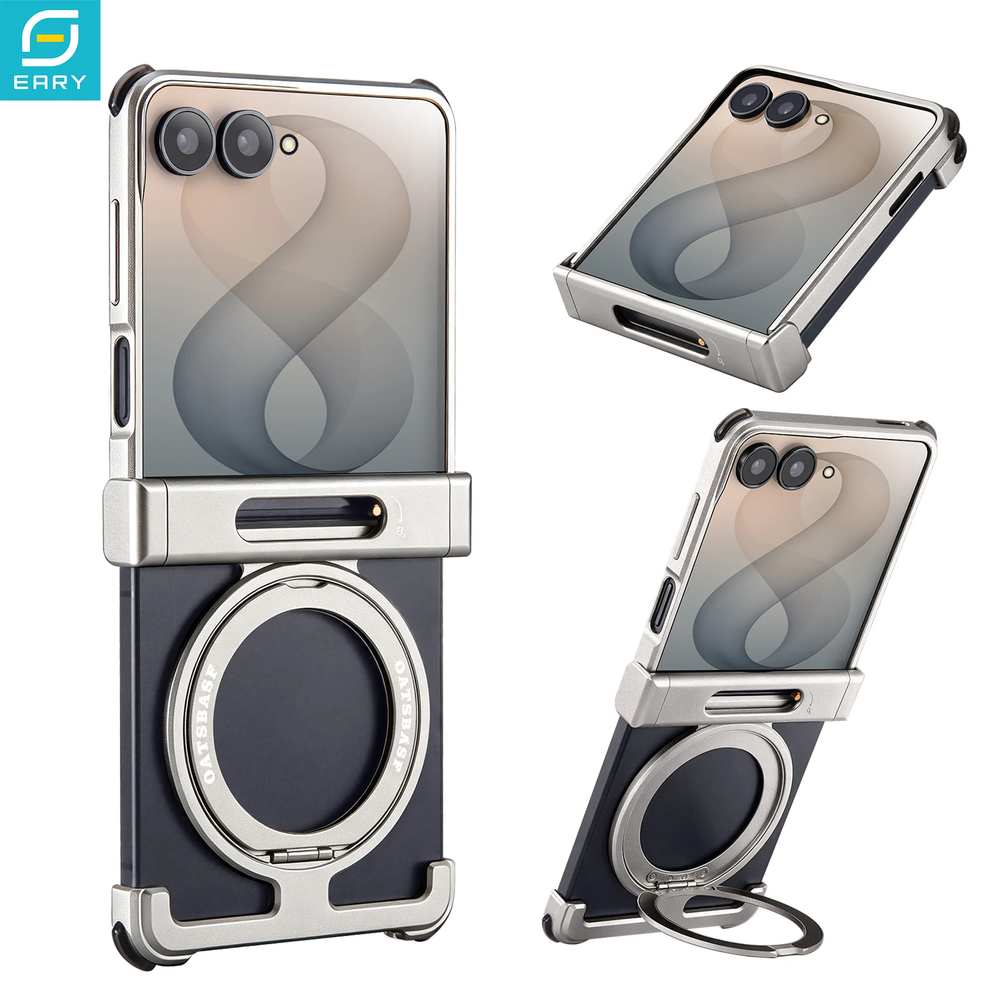 Eary for Samsung Galaxy Z Flip 8 Metal Frameless Case with 360°Rotatable Magnetic Kickstand Shock Bumper Protective Phone Cover