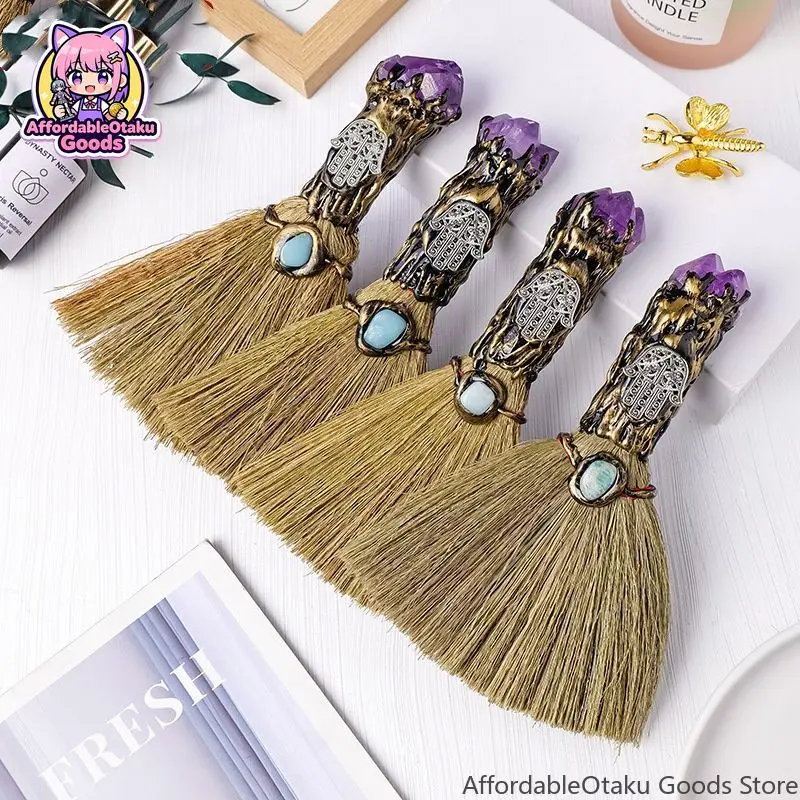 1pc Amethyst Crystal Witch Broom, Handmade Mini Magic Besom with Hamsa Hand, Healing Energy Wicca Tool for Home Altar Decor 15cm