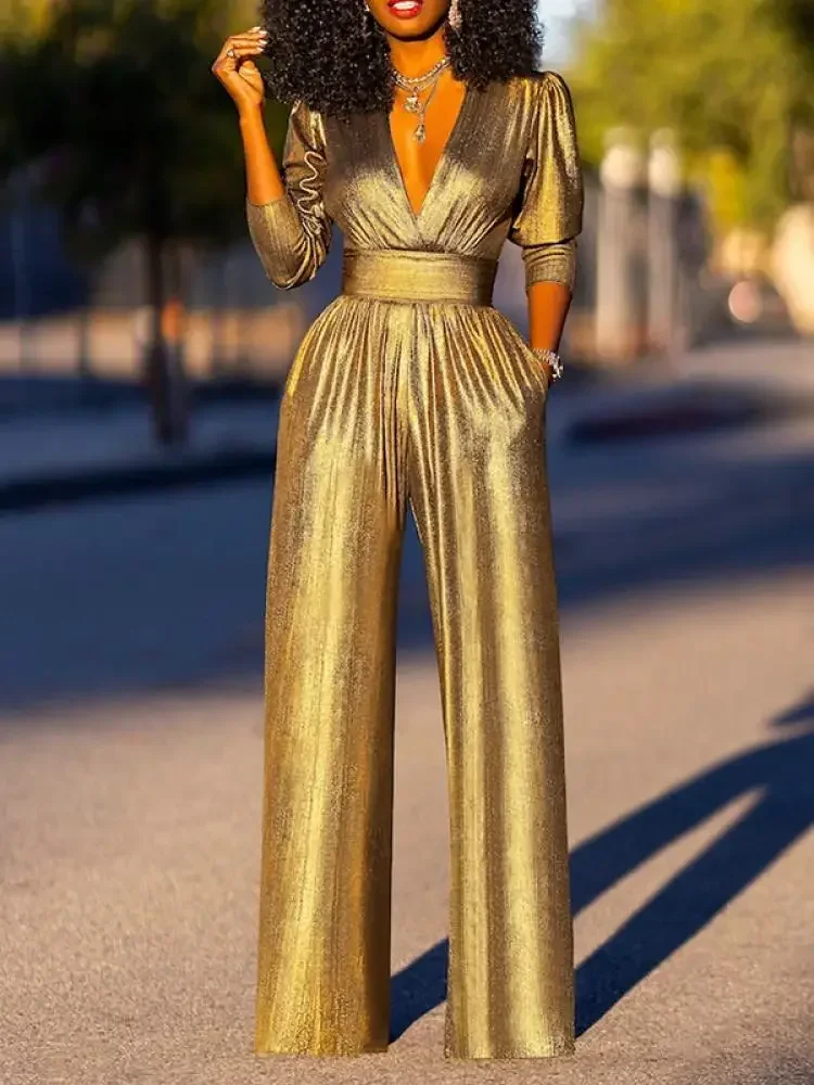 Yeezzi 2025 New Spring Women\'s Shiny High Waist Jumpsuits Fashion Sexy Deep V-neck Wide Leg Party Prom One-piece Outfits