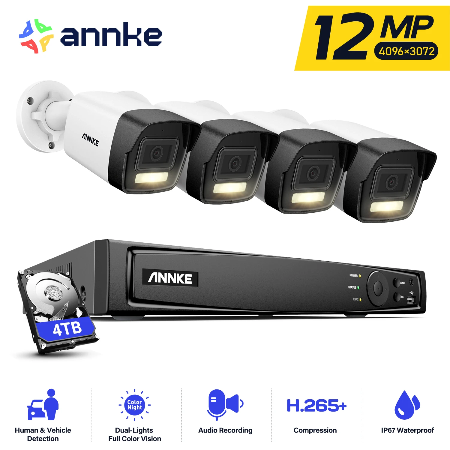 Annke 12mp Security Camera POE 8CH NVR Smart Dual Light Human Vehicle Detection Video Surveillance Kit H.265+12mp CCTV System