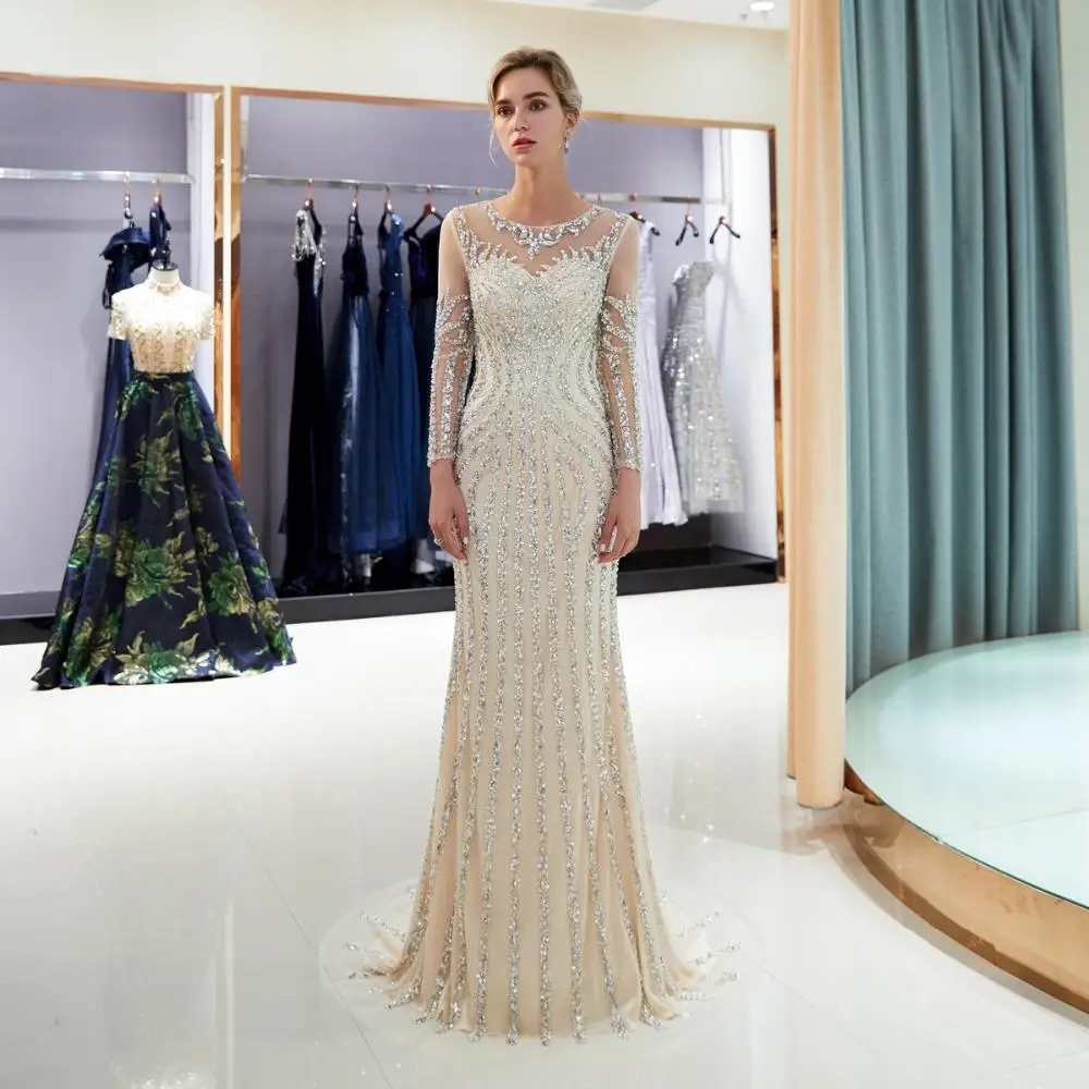 Champagne Beaded Prom Evening Dresses Luxury Mermaid Crystal Sweep Train Long Sleeves Sheer Neck Formal Party robe soirée femme