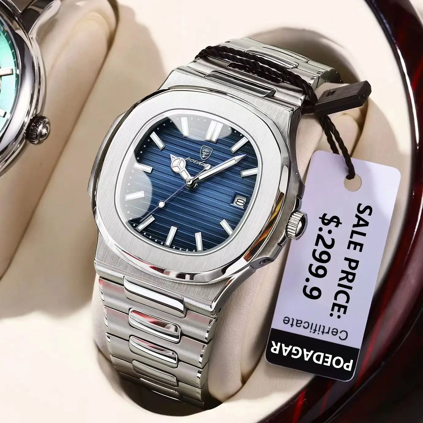 POEDAGAR Luxury Casual Watch Top Brand Fashion Square Dial Stainless Steel Calendar Luminous Waterproof Men Watch Male Clock+Box