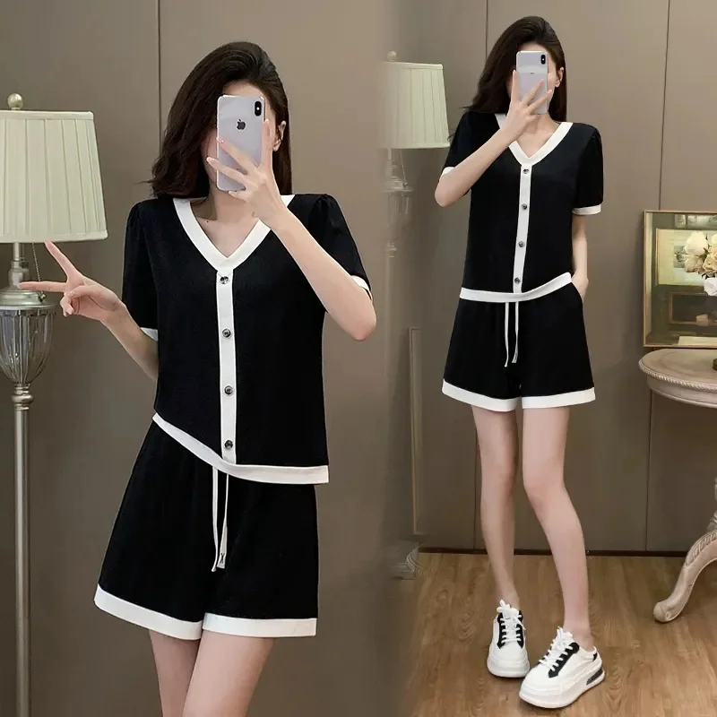 Summer Ladies Large Size 5XL Suit Korean Female V-Neck Patchwork Two-piece Set 2025 High-grade Women Short Sleeve Pantalons 2PCS