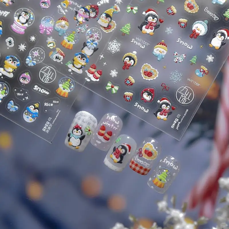 1 Vel Sneeuwvlok Pinguïn Sticker Voor Nagels Leuke Kristallen Bol Kant Rode Hoed Ster Boog Kerstboom Nail Art Stickers decoratie