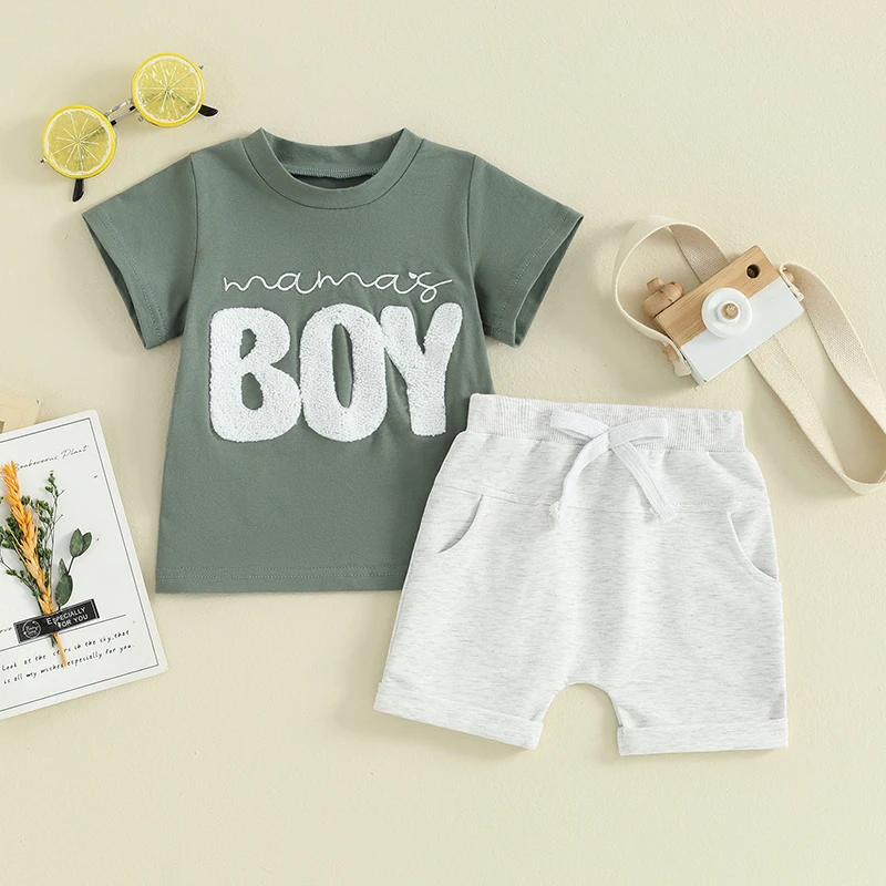 Toddler Boy Summer Clothes Mamas Boy Short Sleeve T Shirt Rolled Shorts Clothing Set Mommy and Me Matching Outfit