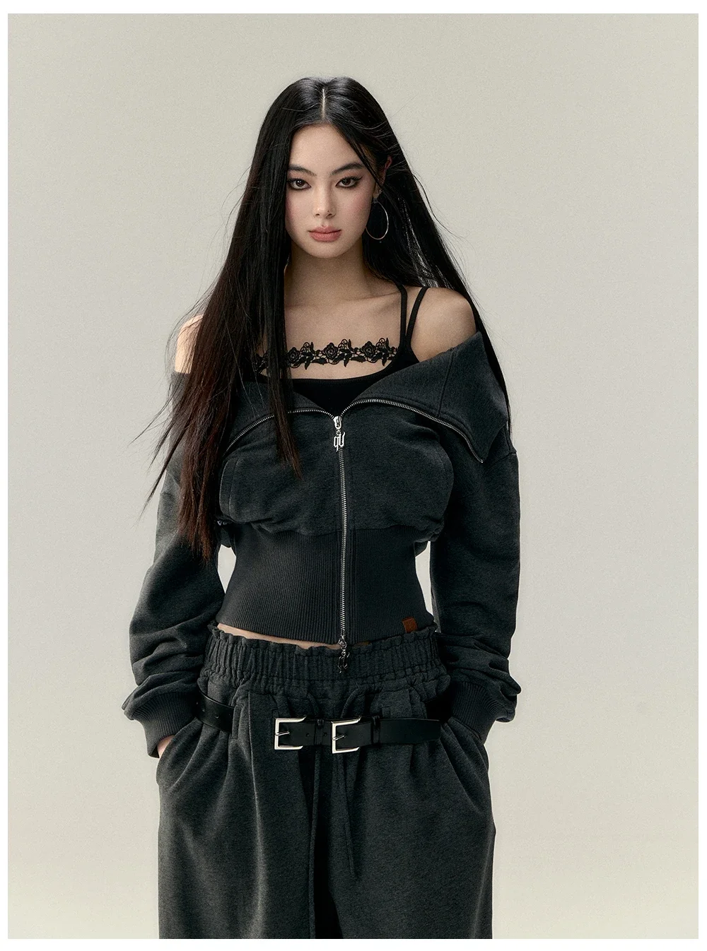 VIAPITTI two ways wear big turn-down collar casual coat slim short zip-up off shoulder sexy punk long sleeve top jackets women