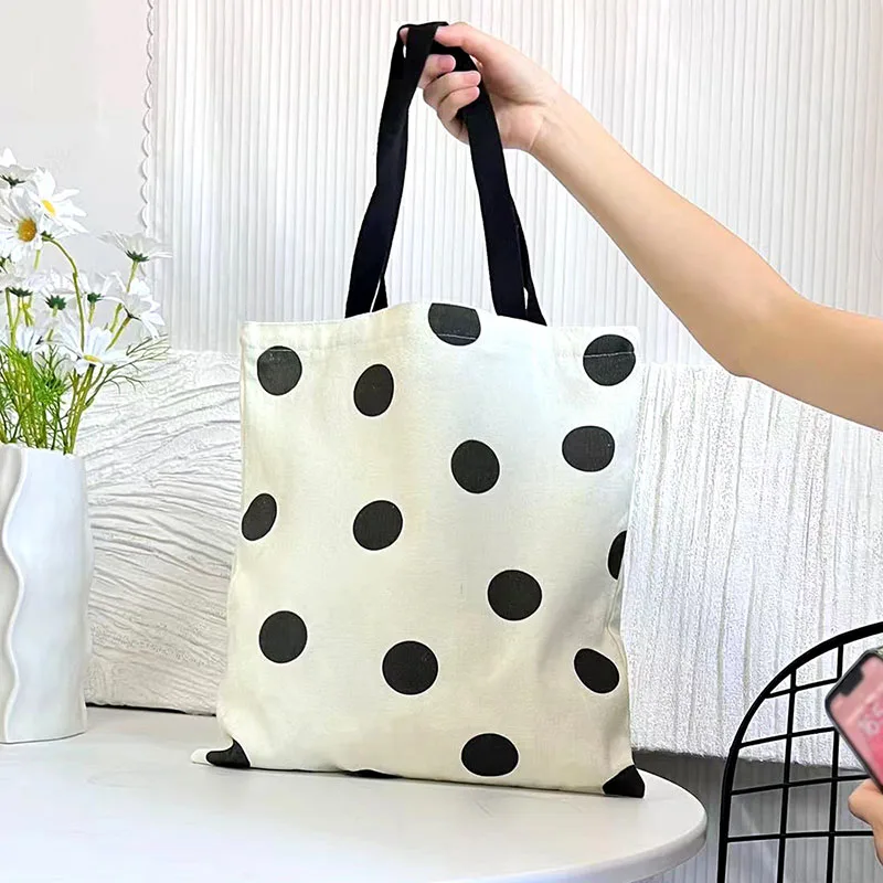 Korean Style Polka Dot Cow Canvas Shoulder Bag Large Capacity Tote Simple Fashion Casual Women Handbag Daily Commuter Purse