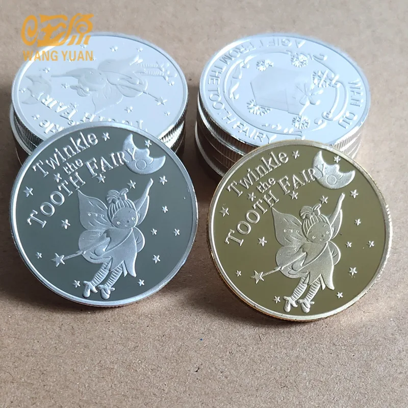 2Pcs/set Cartoon Tooth Fairy Commemorative Coin Creative Kids Tooth Change For Kid Growth Record Commemorative Coin Party Favors