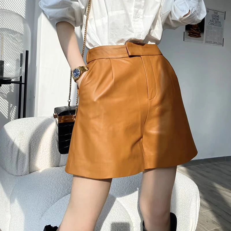 Casual Simple Imported Lambskin Shorts For Women Femme Elastic Waist Wide Leg Pocket Bermuda Leather Pants Mujer Slim Trousers