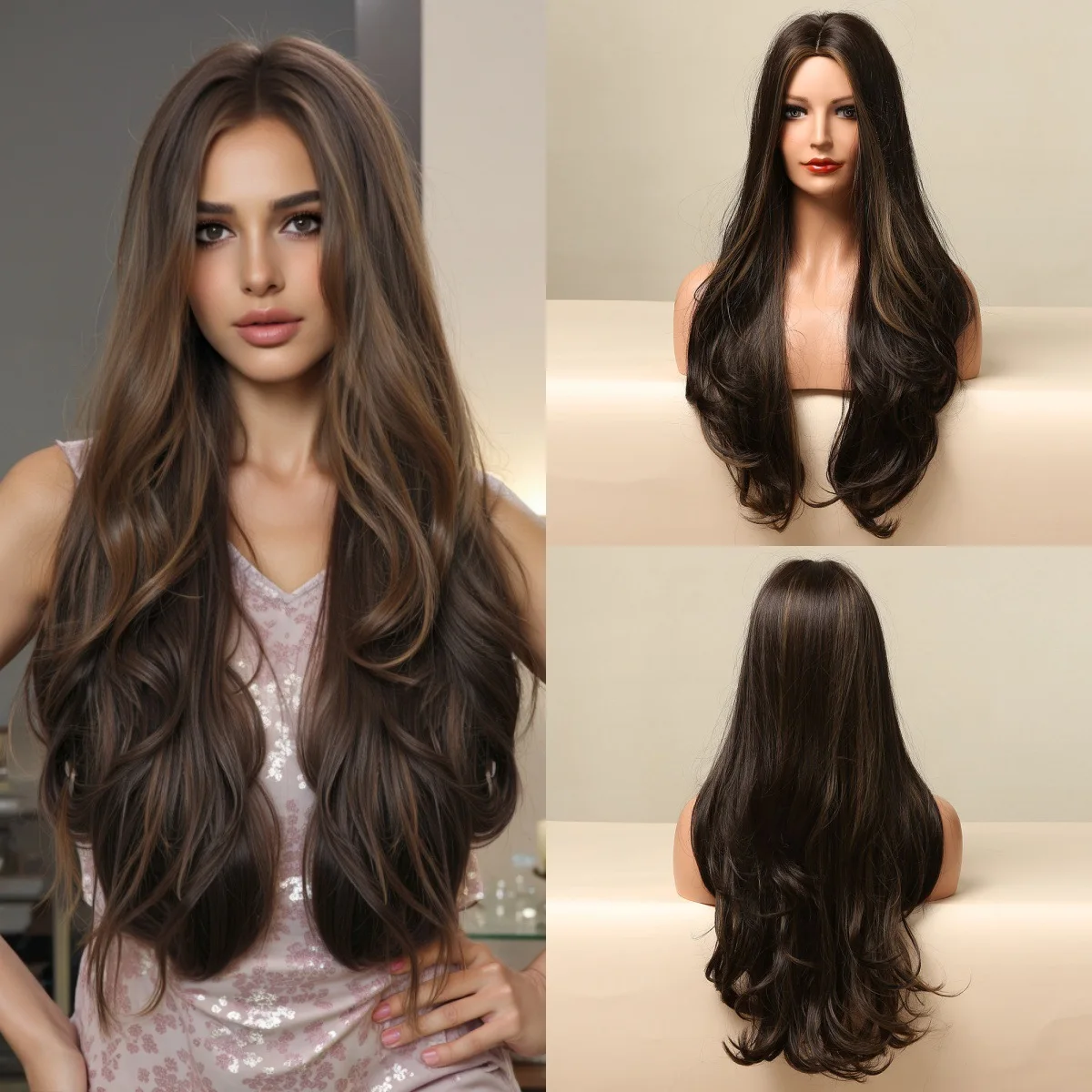 

European and American wigs female big wavy long curly hair cover medium long hair black brown highlights full head cover wigs
