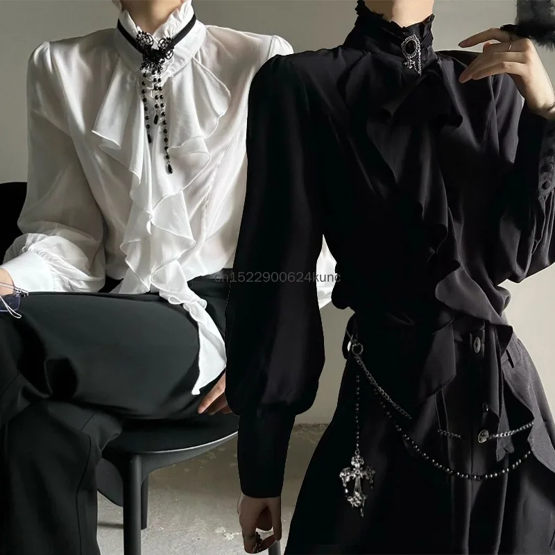 Victorian Gothic Shirt for Women Black White Victorian French Elegant Ruffles Stand Collar Long Sleeve Lolita Shirts for Unisex