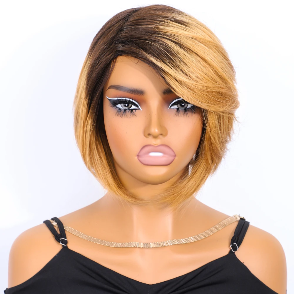 Lekker Blonde Kurze Pixie-Perücke mit Seitenscheitel, glatter Bob, 100 % Echthaar-Perücke für Damen, brasilianisches Remy-Haar, farbig, vollständig maschinell gefertigt
