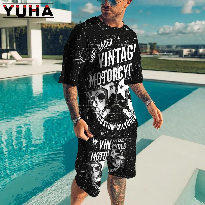 Men's T-shirt and Shorts Set, Casual Sportswear with Scary 3D Skeleton Print, 2-piece Suit, Summer