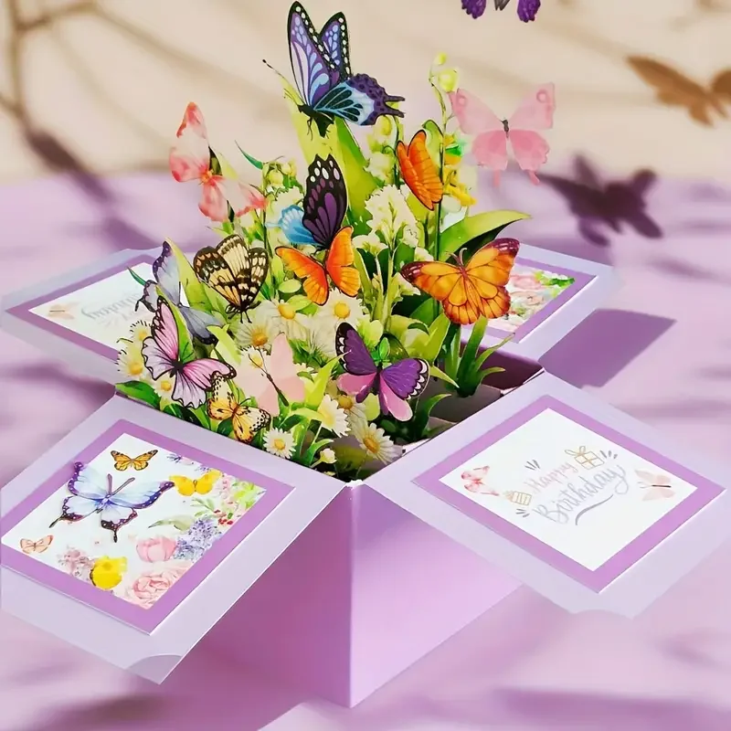 1 Stück 3D Pop-Up Geburtstagskarte - Blumen- und Schmetterlingsdesign für Jeden Empfänger, Handschriftliche Notiz-Funktion, Papierkonstruktion – Detail 2