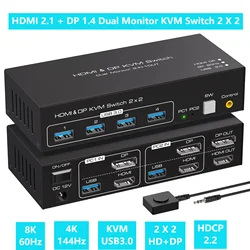 Dual Monitor DP KVM Switch 4K@120Hz 2x2 USB 3.0 HDMI KVM Switch 2 in 2 out 8K @60Hz Mixed Display 2 Monitors 2 Computer KCEVE