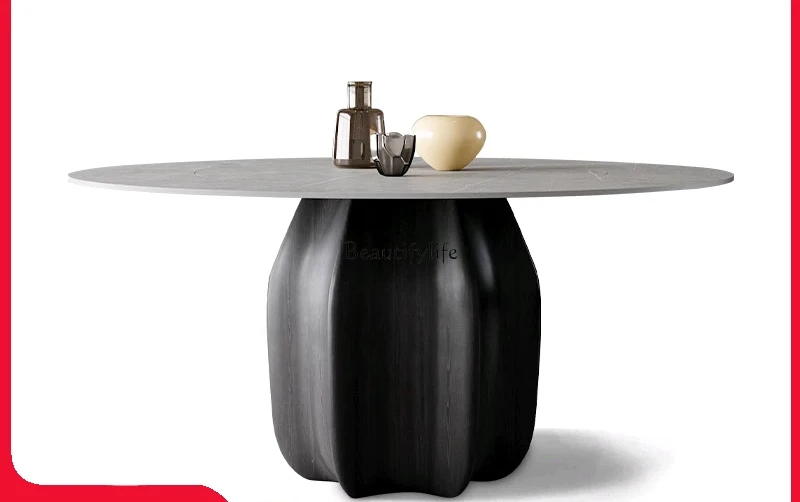 

Italian rock slab dining table round table with turntable solid wood round gray