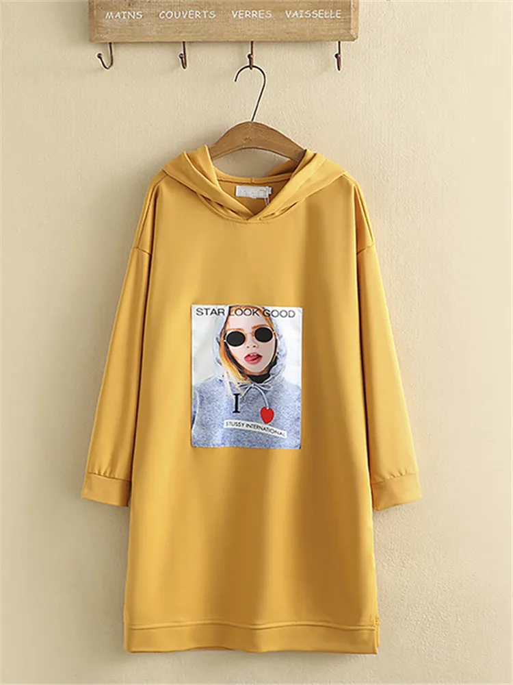 

Plus Size Clothing In Spring And Autumn Wear Hoodie Medium And Long Front Print Pattern Large Size Long Sleeve Cotton Casual Top