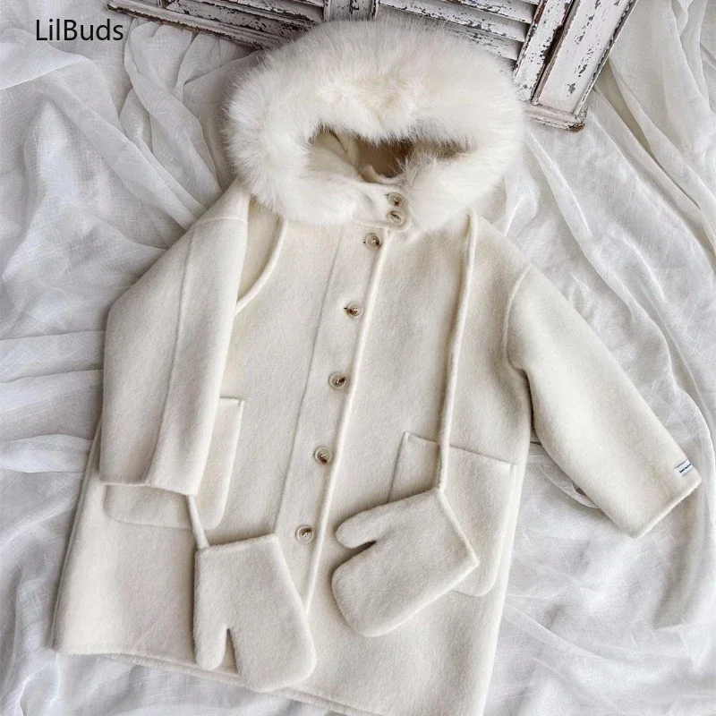 2024 Children\'s Vintage Alpaca Wool Double Sided Cashmere Handmade Outerwear Outdoor Girl\'s Coat White Hooded Clothing Winter